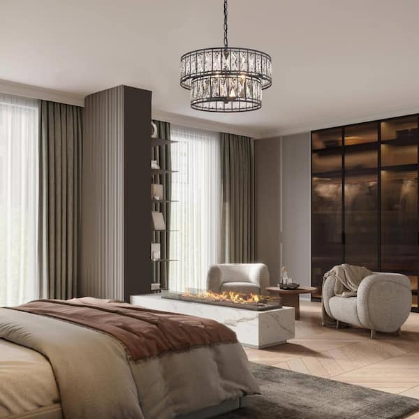 Cristallo Modern Dining Room Island Candlestick Chandelier 4-Light Black Drum Pendant with 2-Tier Clear Crystal Shade