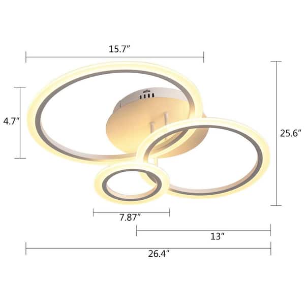 26 in. 1-Light Integrated LED Semi-Flush Mount Modern Design 3 Acrylic Circle Ring Ceiling Light