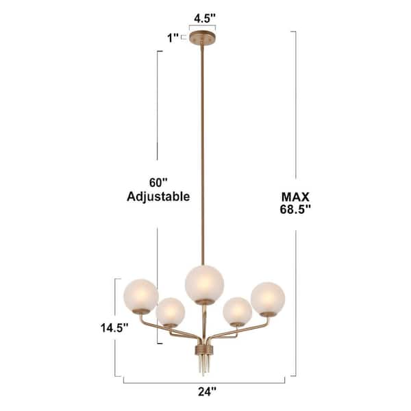 Combin Modern 5-Light Dark Gold Globe Chandelier Light, 24 in. Hanging Pendant with Frosted Glass Hanging Ceiling Light