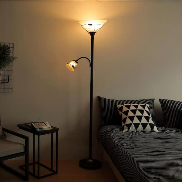 71 in. Dark Bronze Torchiere Floor Lamp with Adjustable Reading Lamp