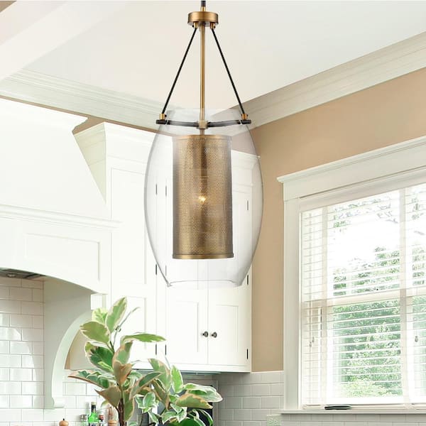 Dunbar 12 in. W x 28.5 in. H 1-Light Bronze with Warm Brass Accents Shaded Pendant Light with Clear Glass Shade