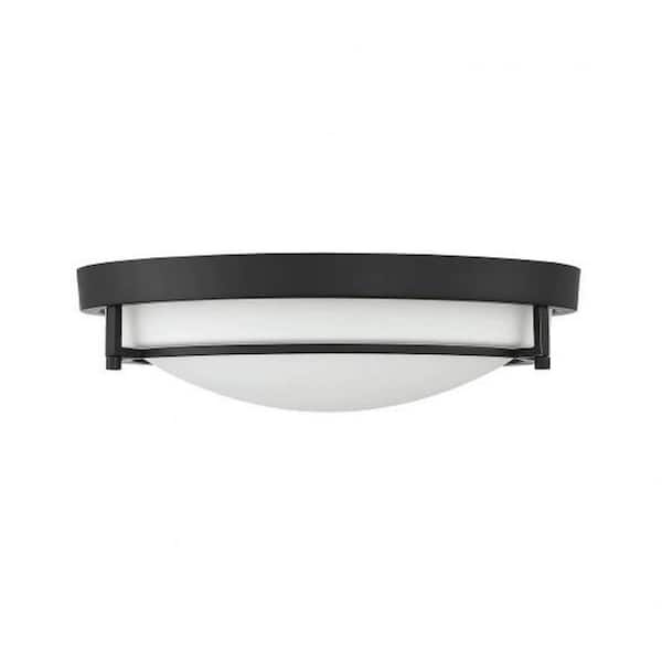 Meridian 13 in. W x 4 in. H 2-Light Semi-Flush Mount with Matte Black Metal Ring and White Glass Shade