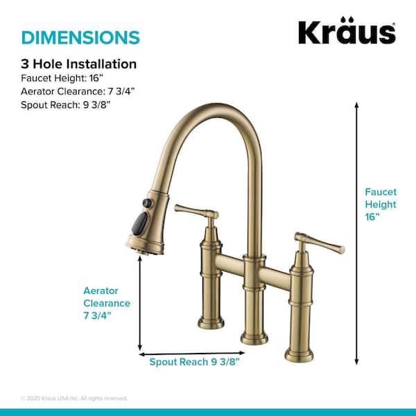 Allyn Double Handle Transitional Bridge Kitchen Faucet with Pull-Down Sprayhead in Brushed Gold