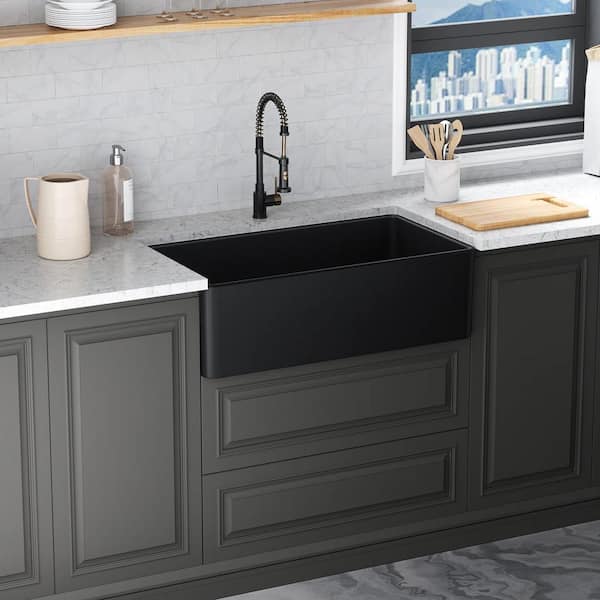Matte Black Fireclay 33 in. Single Bowl Farmhouse Apron Workstation Kitchen Sink with Bottom Grid and Strainer