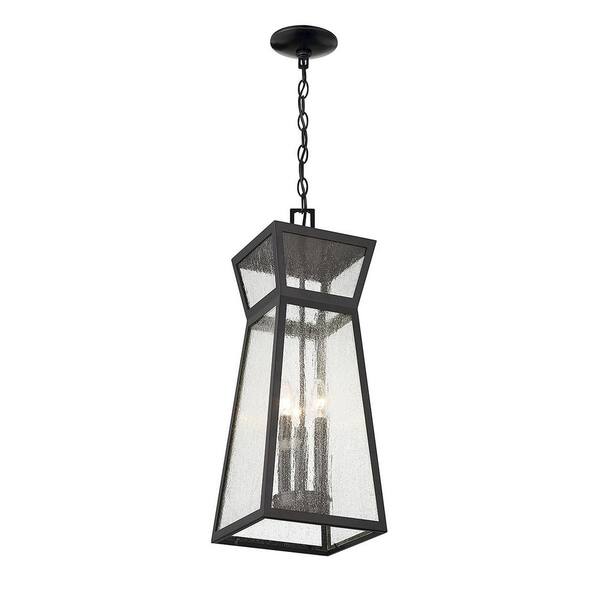 Millford 9 in. W x 23.5 in. H 3-Light Matte Black Outdoor Pendant Light with Seedy Glass Panes