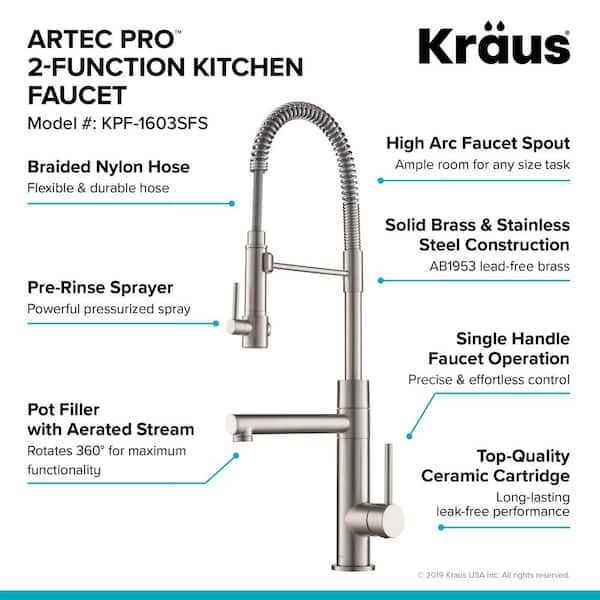 Artec Pro Single Handle Pull Down Sprayer Kitchen Faucet with Pot Filler in Spot Free Stainless Steel