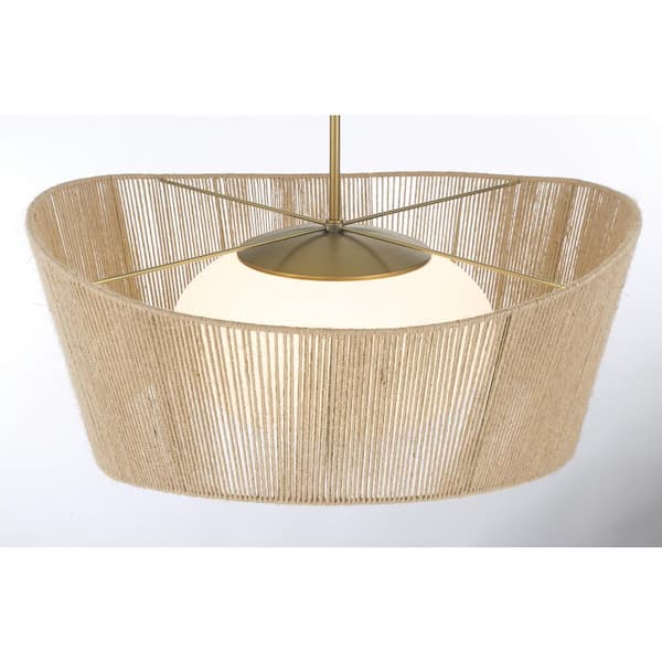 Key Largo 100-Watt 1-Light Soft Brass Shaded Pendant Light with Etched Opal Glass and Natural Rope Shade