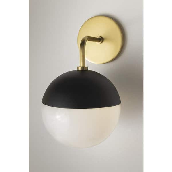 Renee 1-Light Aged Brass/Black Wall Sconce with Opal Glossy Shade