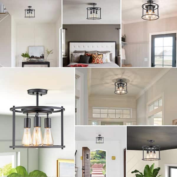 12 in. 3-Light Black Drum Cage Semi-Flush Mount Light