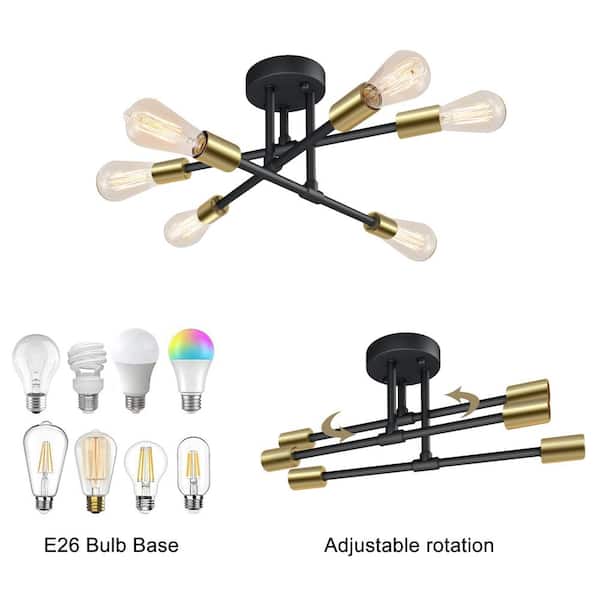 17.5 in. 6-Light Black Sputnik Semi-Flush Mount Ceiling Light