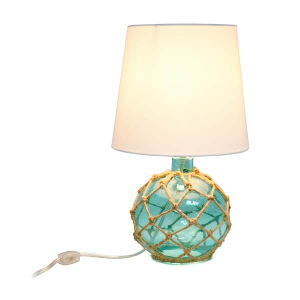15.25 in. 1-Light Aqua Buoy Rope Nautical Netted Coastal Ocean Sea Glass Table Lamp with White Fabric Shade