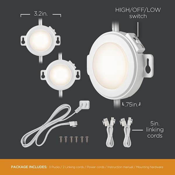 EZ Link Linkable Plug-in LED White Puck Light with High/Low Switch (3-Pack)