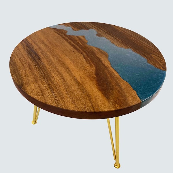 2 ft. L x 24 in. D UV Finished Saman Solid Wood Butcher Block Circular Countertop With Eased Edge and Blue Epoxy River