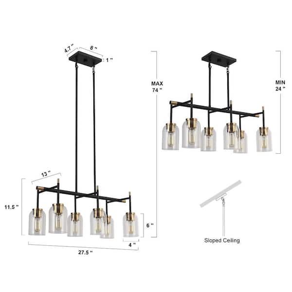 6-Light Black Modern Island Chandelier, Transitional Brass Gold Adjustable Hanging Pendant with Clear Cylinder Shade