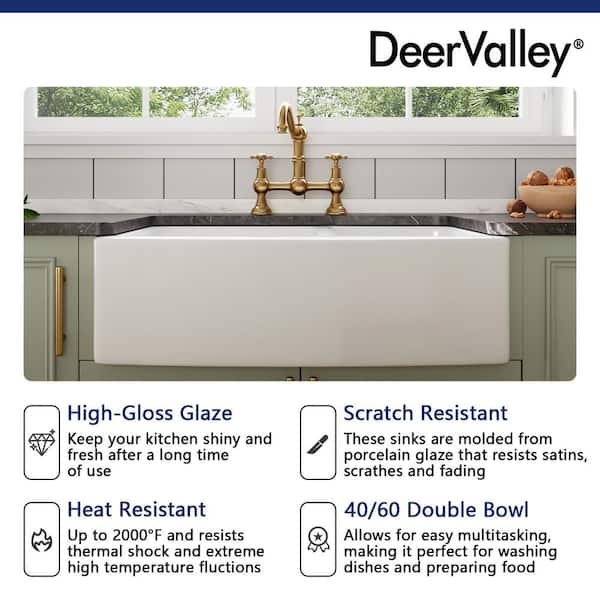 White Ceramic 33 in. L 40/60 Rectangular Double Bowl Farmhouse Apron Kitchen Sink with Sink Grid and Basket Strainer