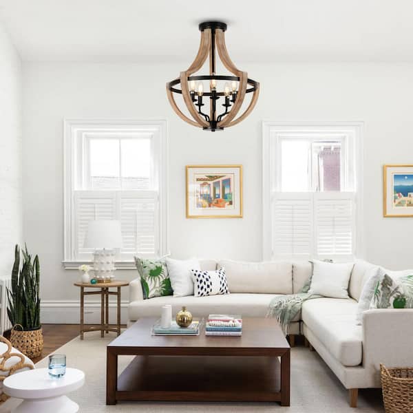 5-Light Semi-Globle Natural Wood Grain Finish Farmhouse Chandelier, Ceiling Light with Adjustable High