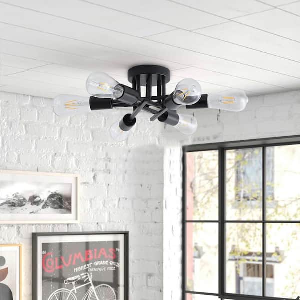 Industrial 22 in. 6-Light Black Linear Semi-Flush Mount Light Sputnik Ceiling Light