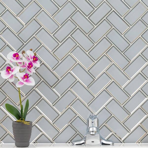 Ice Bevel Herringbone 13 in. x 11 in. Glossy Glass Mesh-Mounted Mosaic Tile (10.6 sq. ft. / case)