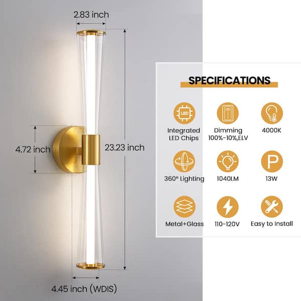 Modern 2-light Gold Dimmable Wall Sconce with Clear Glass Shade LED Bathroom Vanity Light
