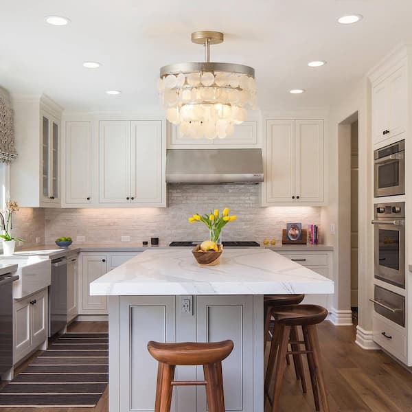 14.5 in. 2-Light Bohemia Antique Nickel Semi-Flush Mount Ceiling Light Fixture with Tiered Shells and No Bulb Included