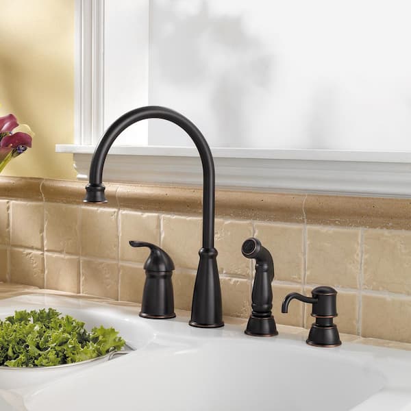 Avalon Single-Handle High-Arc Standard Kitchen Faucet with Side Sprayer and Soap Dispenser in Tuscan Bronze