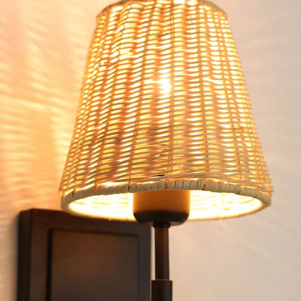 14.7 in. 2-Light Black Wall Sconce Rattan Wrapped Wall Lamp