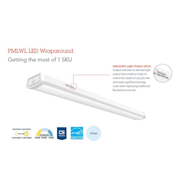 4 ft. 2000/3000/4000 Lumens Integrated LED White Low Profile Wraparound Light Fixture, 3000K/4000K/5000K