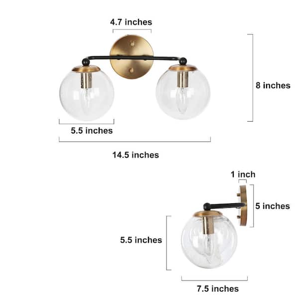 14.5 in. 2-Light Polished Brass Modern Bathroom Vanity Light, DIY Globe Seeded Glass Bath Lighting, Black Wall Sconce