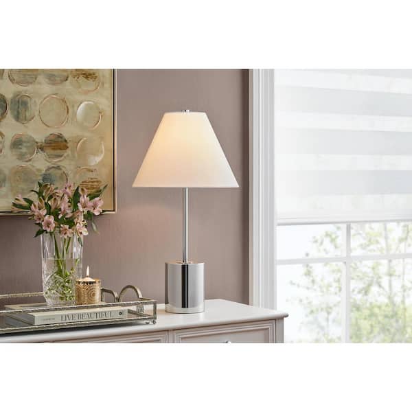 Pelham 25 in. Chrome Table Lamp with White Fabric Shade