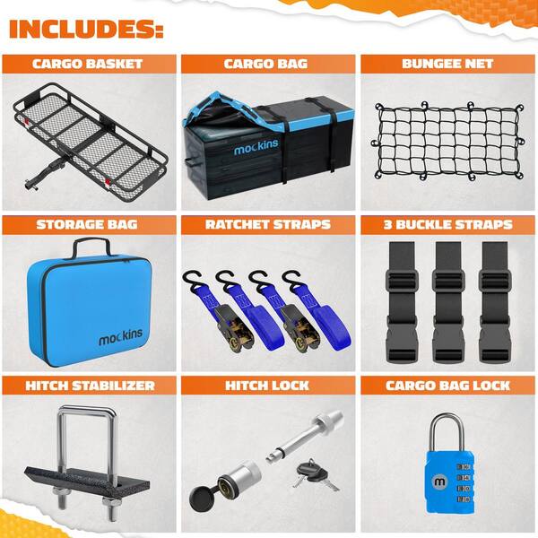 500 lbs. Capacity Hitch Mount Cargo Carrier Set with Folding Shank and 2 in. Raise, Cargo Bag, Net, Straps, Locks - Blue