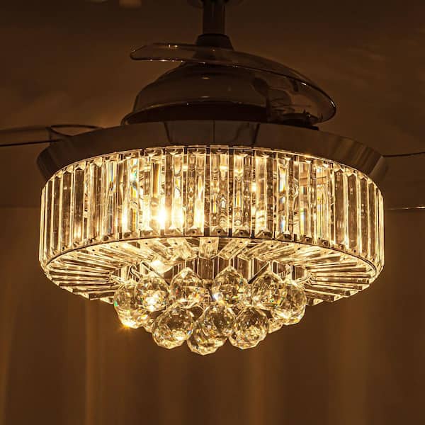 Broxburne 36 in. Modern Chrome Retractable 3-Blade Crystal Ceiling Fan with Light Kit and Remote Control