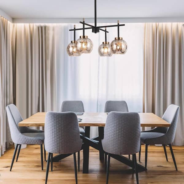 21 in. 4-Light Brass Island Pendant Light, Modern Farmhouse Black Sputnik Dining Room Chandelier with Mercury Glass