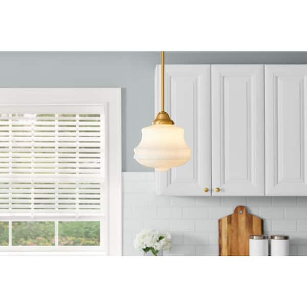 Schoolhouse 10 in. 1-Light Aged Brass Pendant with Opal Glass Schoolhouse Shade