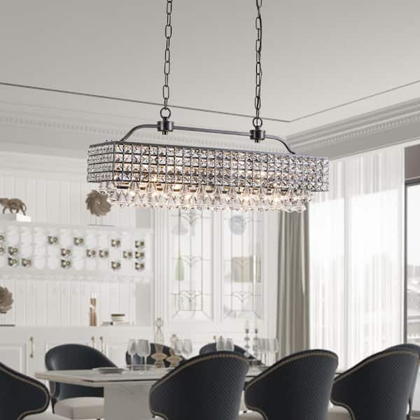 5-Light Kitchen Island Rectangle Chandelier with Crystal Accents