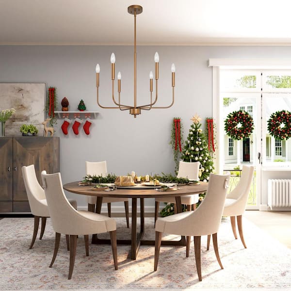 Modern Dark Gold Kitchen Linear Chandelier, 6-Light Farmhouse Antique Candlestick Ding Room Pendant Light Fixture
