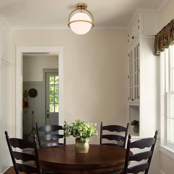 10.25 in. 1-Light Antique Brass Sphere Modern Semi Flush Mount with Opal Glass Shade and No Bulbs Included