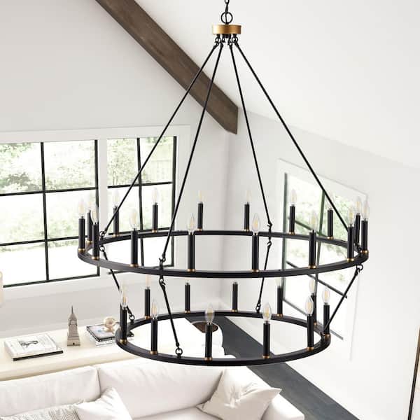 28-Light Black Wagon Wheel Chandelier 2 Tier Large Farmhouse Round Industrial Ceiling Hanging Light