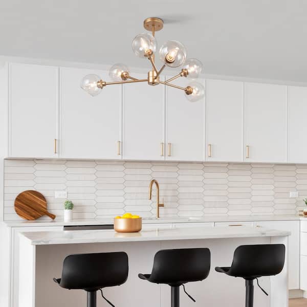 Modern Gold Dining Room Chandelier, Bubble 31.5 in. 6-Light Farmhouse Sputnik Bedroom Chandelier with Clear Glass Shades