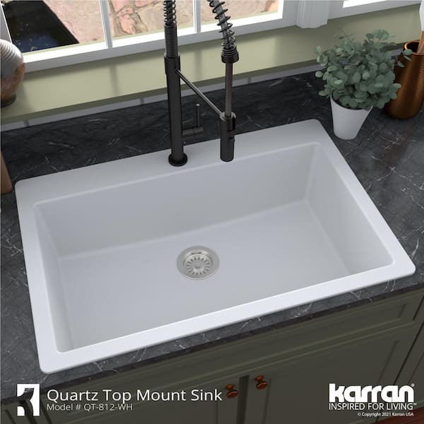 QT-812 Quartz 33 in. Large Single Bowl Drop-In Kitchen Sink in White