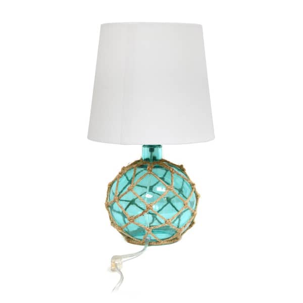 15.25 in. 1-Light Aqua Buoy Rope Nautical Netted Coastal Ocean Sea Glass Table Lamp with White Fabric Shade