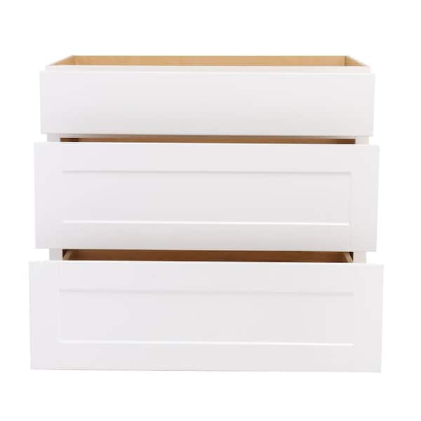 Shaker 30 in. W x 24 in. D x 34.5 in. H Assembled Drawer Base Kitchen Cabinet in Satin White with Full Extension Glides