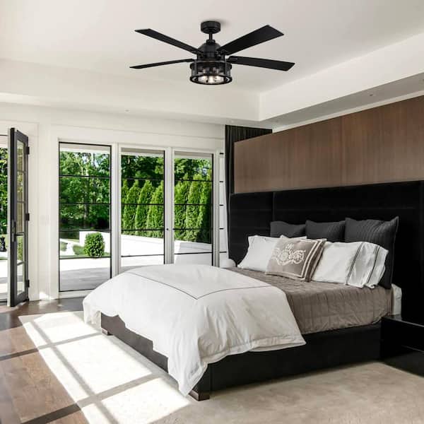 52 in. Industrial Mesh Metal Reversible Blades Black Ceiling Fan with Remote Control and Light Kit