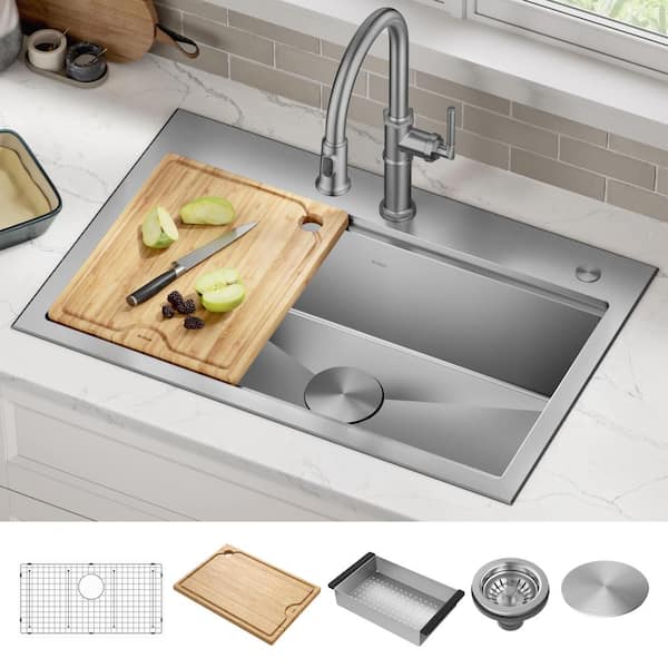 Kore Drop-In/Undermount Stainless Steel 32 in. Single Bowl Workstation Kitchen Sink with Accessories
