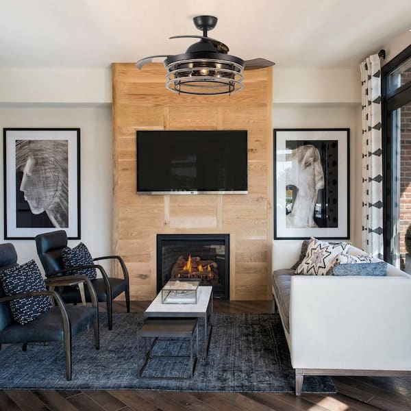 42 in. Industrial Retractable 3-Blade Matte Black Ceiling Fan with Remote Control and Light Kit