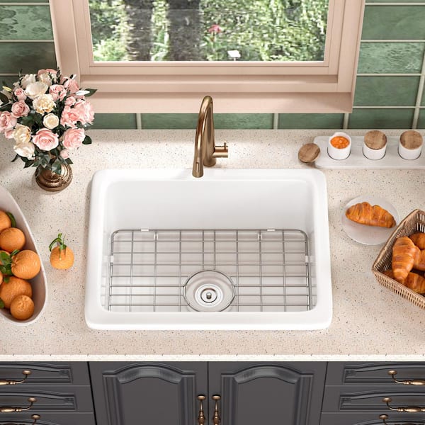 Glen White Rectangular Fireclay 24 in. Single Bowl Undermount/Drop-In Kitchen Sink with Basket Strainer and Sink Grid