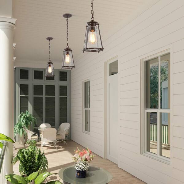 Asaf 1-Light Oil-Rubbed Bronze Mini Lantern Pendant Light with Seeded Glass Shade