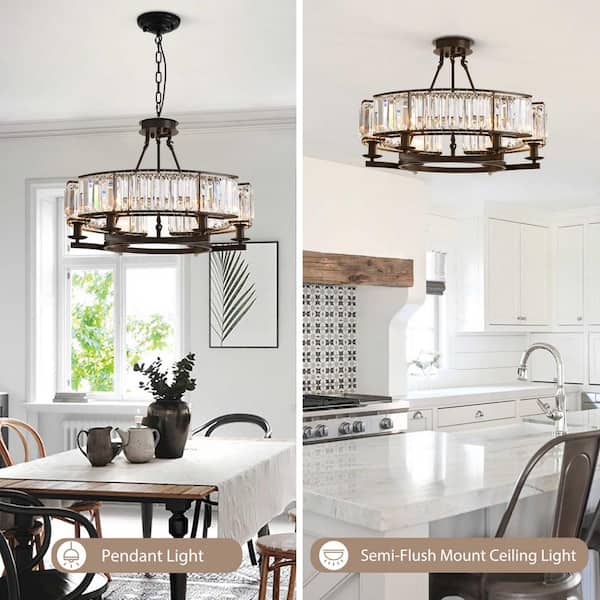 Modern Crystal Chandelier 26 in. 6-Light Black Drum Pendant Lighting Ceiling Semi Flush Mount