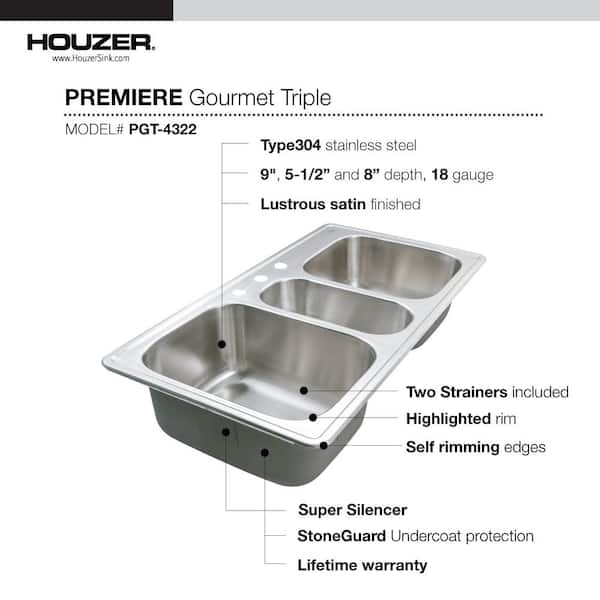 Houzer Premiere Gourmet Series Topmount Stainless Steel Triple Bowl Kitchen Sink, 4-Hole, PGT-4322-1