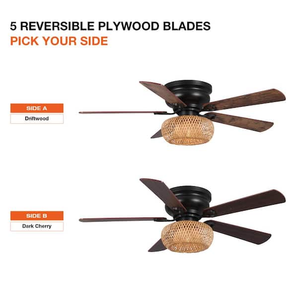 48 in. Farmhouse Bamboo Flush Mount Matte Black Ceiling Fan with Remote Control and Light Kit