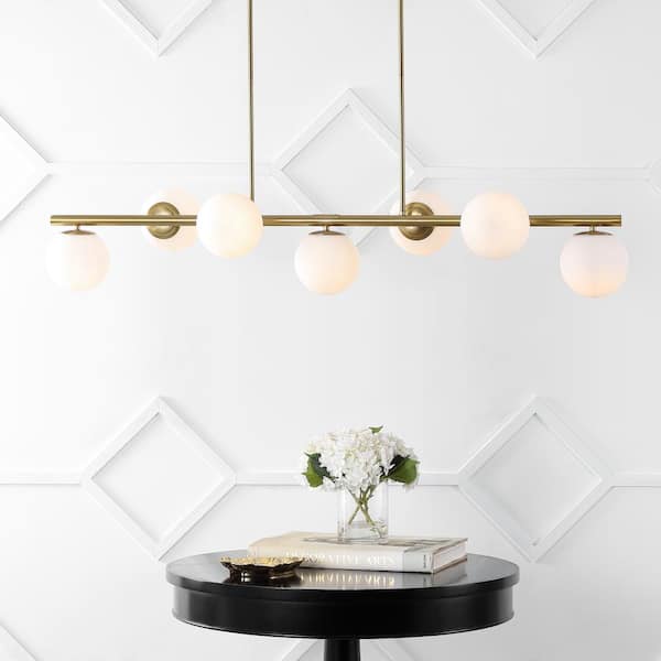 Luca Parisian 53 in. 7-Light Brass Gold/White Modern Glam Iron Globe Linear LED Pendant, Brass Gold